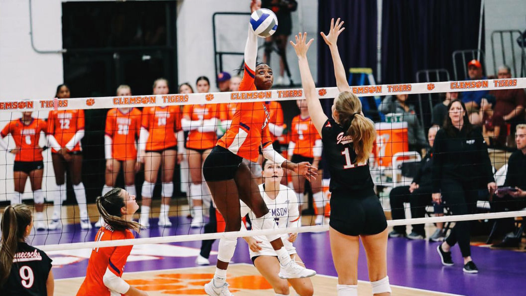 Clemson Volleyball player spiking the ball