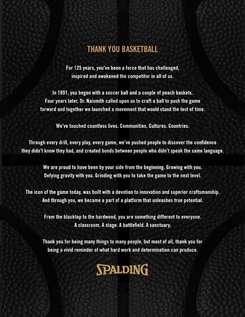 Spalding hopes to build emotion for their campaign with their open letter to the game of basketball. Image via Spalding