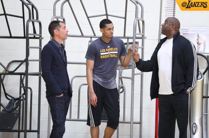 Pelinka, Jordan Clarkson, Johnson Photo by Andrew D. Bernstein via Lakers.com