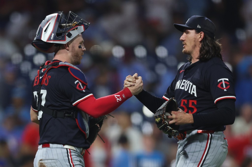 Sep 27, 2025; Philadelphia, Pennsylvania, USA; Minnesota Twins pitcher Kody Funderburk (55) and catch