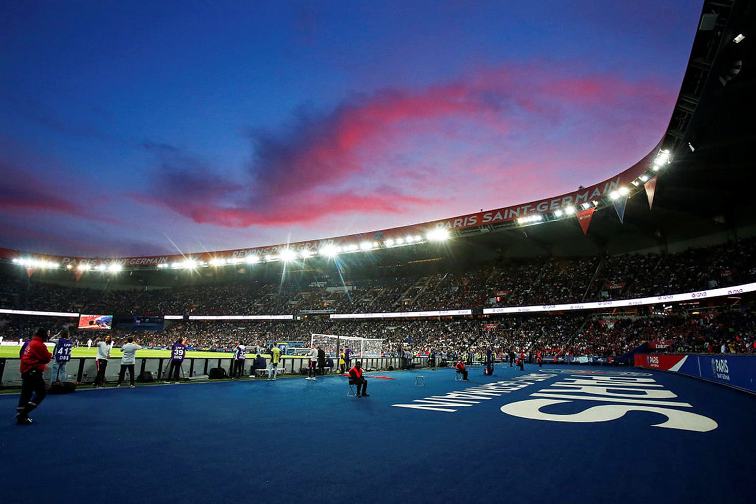 View of stands from field-level inside of PSG's Parc des Princes Stadium