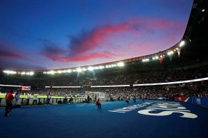 View of stands from field-level inside of PSG's Parc des Princes Stadium