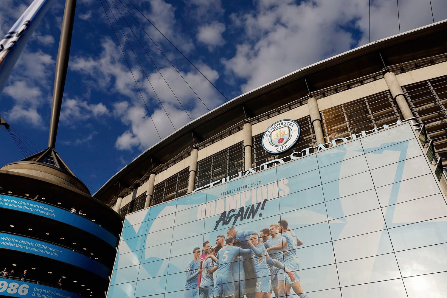 Premier League champion banner outside of Manchester City's Etihad Stadium