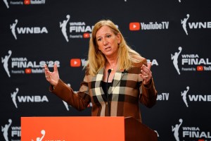 WNBA Commissioner Cathy Engelbert talks to members of the media