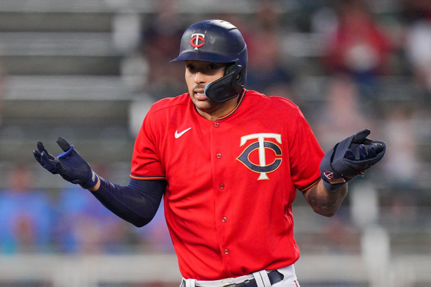 Minnesota Twins short stop Carlos Correa shrugs after a bad call