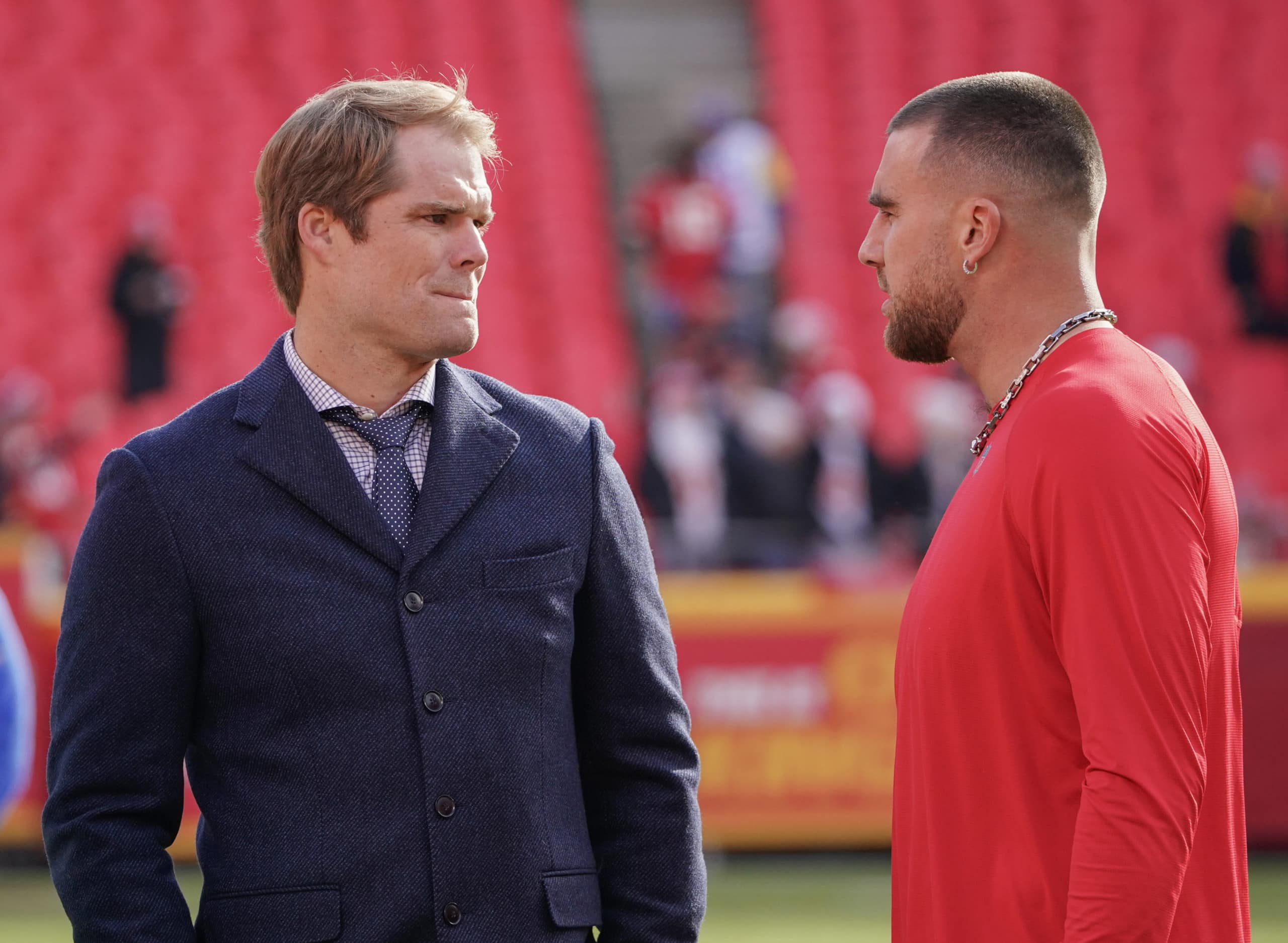 Greg Olsen and Travis Kelce talk before Kansas City Chiefs game