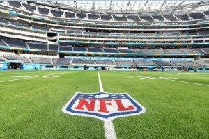 NFL logo on field inside of SoFi Stadium