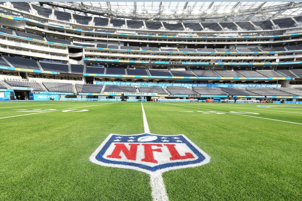 NFL logo on field inside of SoFi Stadium