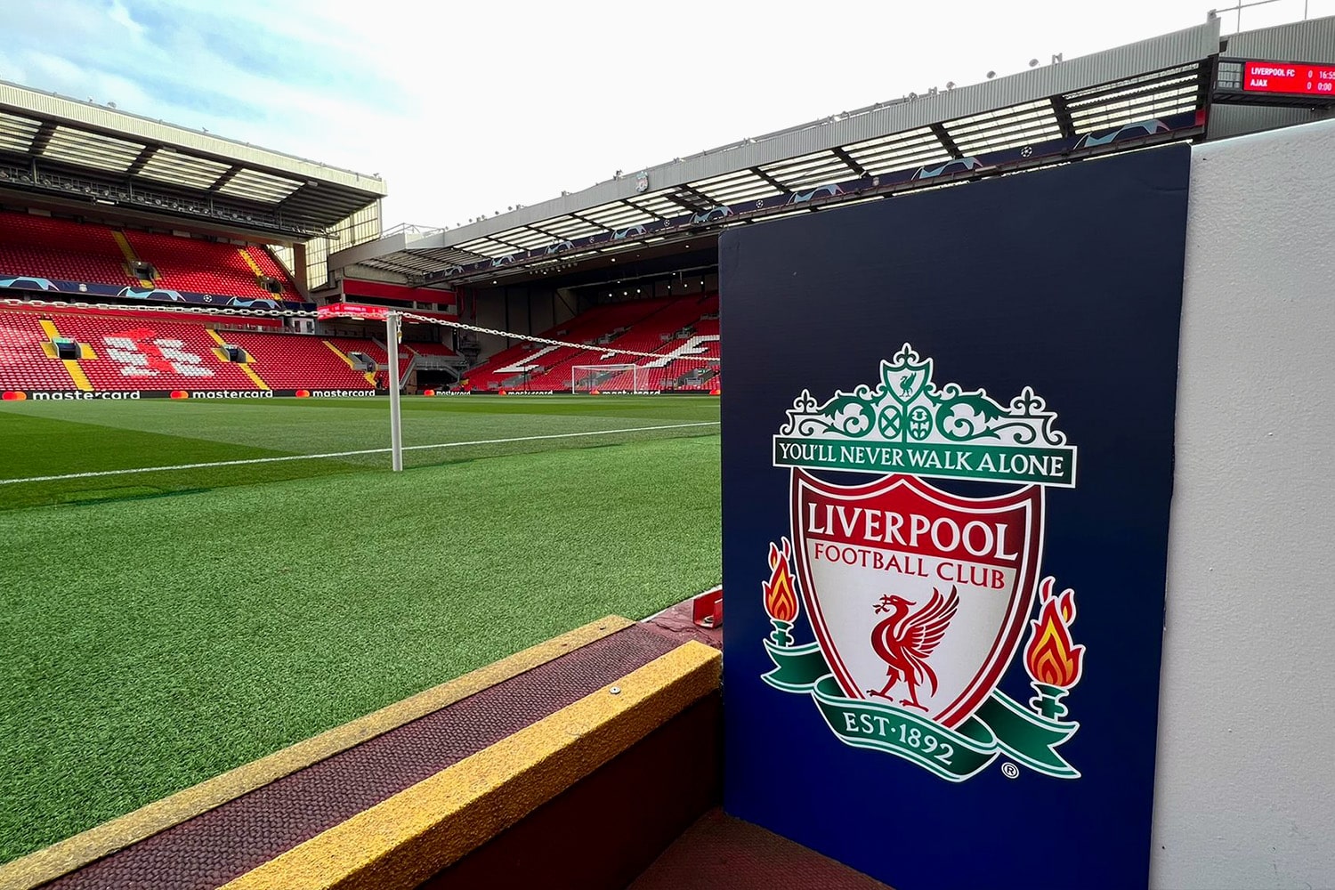 View of Liverpool FC crest inside Anfield Stadium