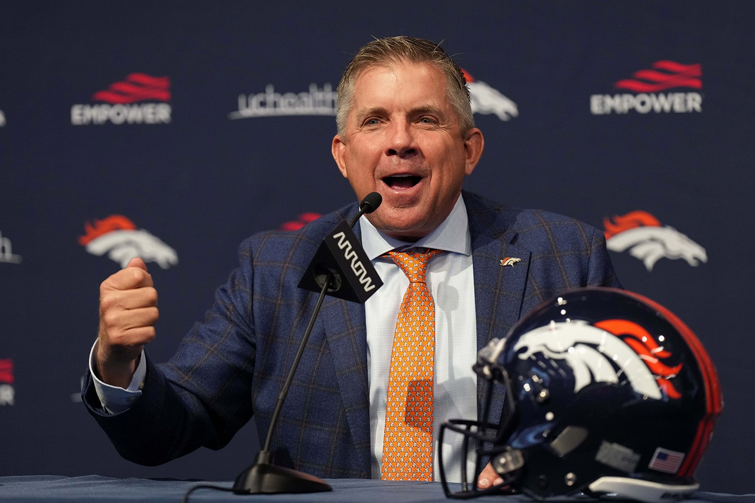 Denver Broncos head coach Sean Payton speaks during a press conference