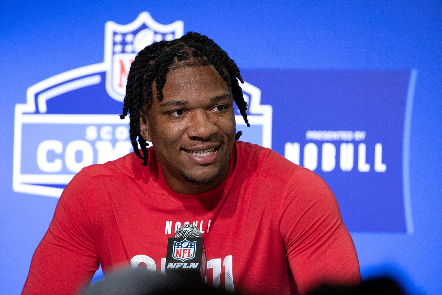 Florida quarterback Anthony Richardson speaks to media at the NFL Combine.