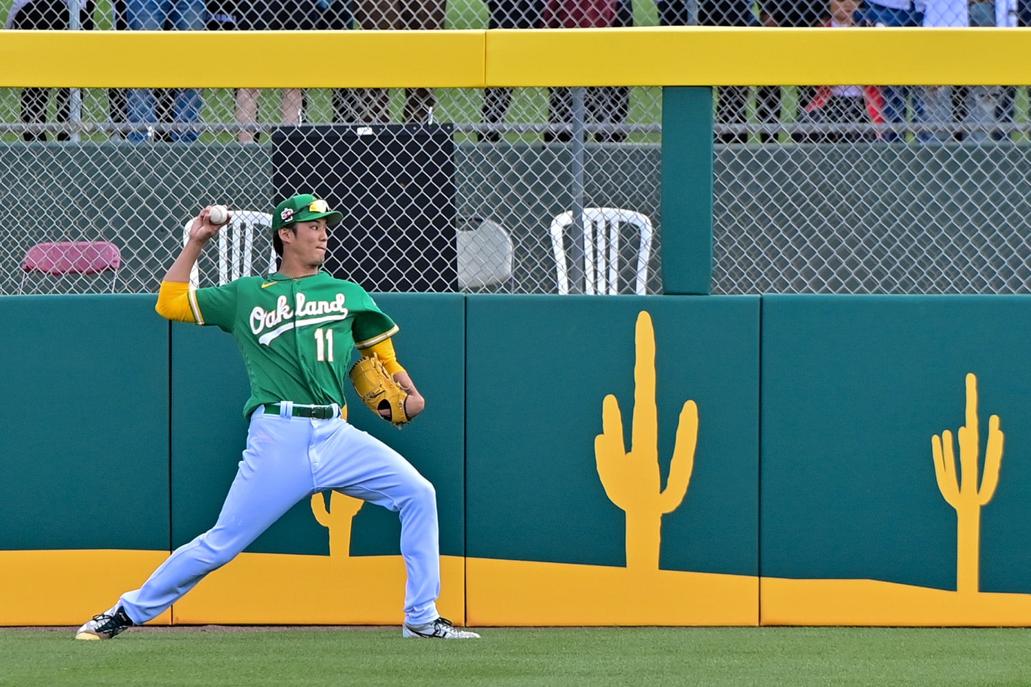 Oakland Athletics pitcher Shintaro Fujinami warms up during Spring Training.