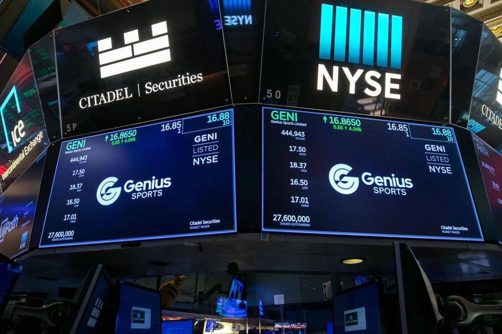 A view of the Genius Sports logo on the floor of the NYSE.