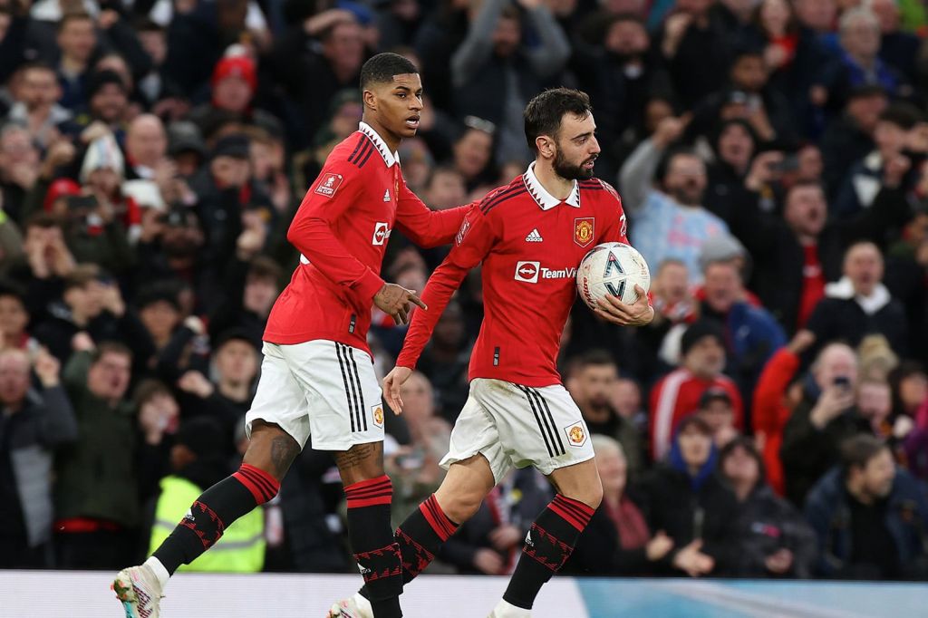 Manchester United players Marcus Rashford and Bruno Fernandes at Old Trafford