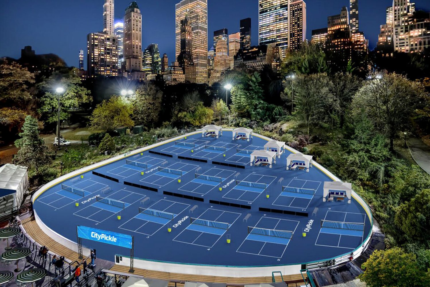 An artistic rendering of pickleball courts at Central Park in New York City.