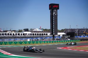 Drivers round turn 15 during practice for the Formula 1 Aramco United States Grand Prix
