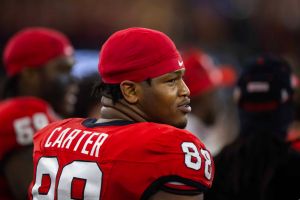 Georgia Bulldogs defensive lineman Jalen Carter with a neutral expression during College Football Playoff.