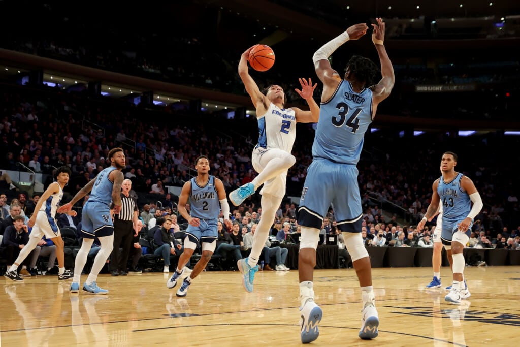 Mar 9, 2023; New York, NY, USA; Creighton Bluejays guard Ryan Nembhard (2) drives to the basket against Villanova Wildcats forward Brandon Slater (34) during the second half at Madison Square Garden.