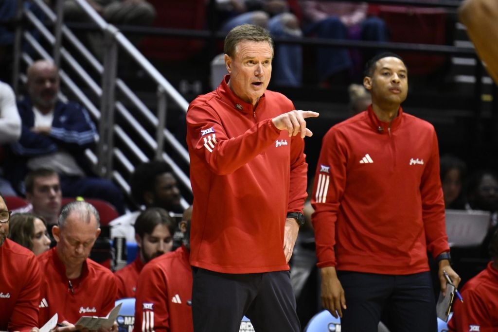 Mar 20, 2026; San Diego, CA, USA; Kansas Jayhawks head coach Bill Self looks on in the first half against the California Baptist Lancers during a first round game of the men's 2026 NCAA Tournament at Viejas Arena.