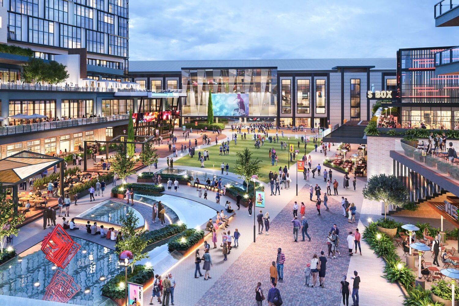 A rendering of The Gathering at South Forsyth in the Atlanta area, with a proposed $1 billion arena in the background.