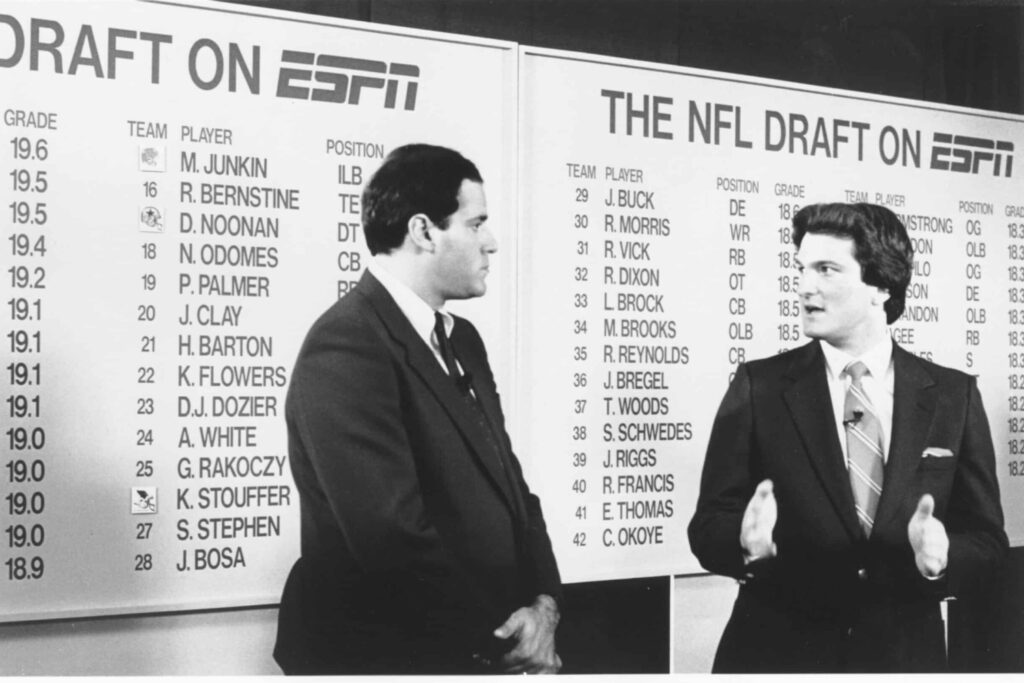 A black and white photo of Chris Berman and Mel Kiper Jr. during ESPN's 1987 NFL Draft coverage.