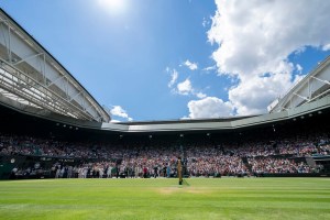 Wimbledon center court on a partly sunny day