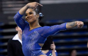 Apr 1, 2023; Los Angeles, CA, USA; UCLA Bruins athlete Jordan Chiles competes during the floor exercise competition at the NCAA Women’s Gymnastics Los Angeles Regional at Pauley Pavilion.