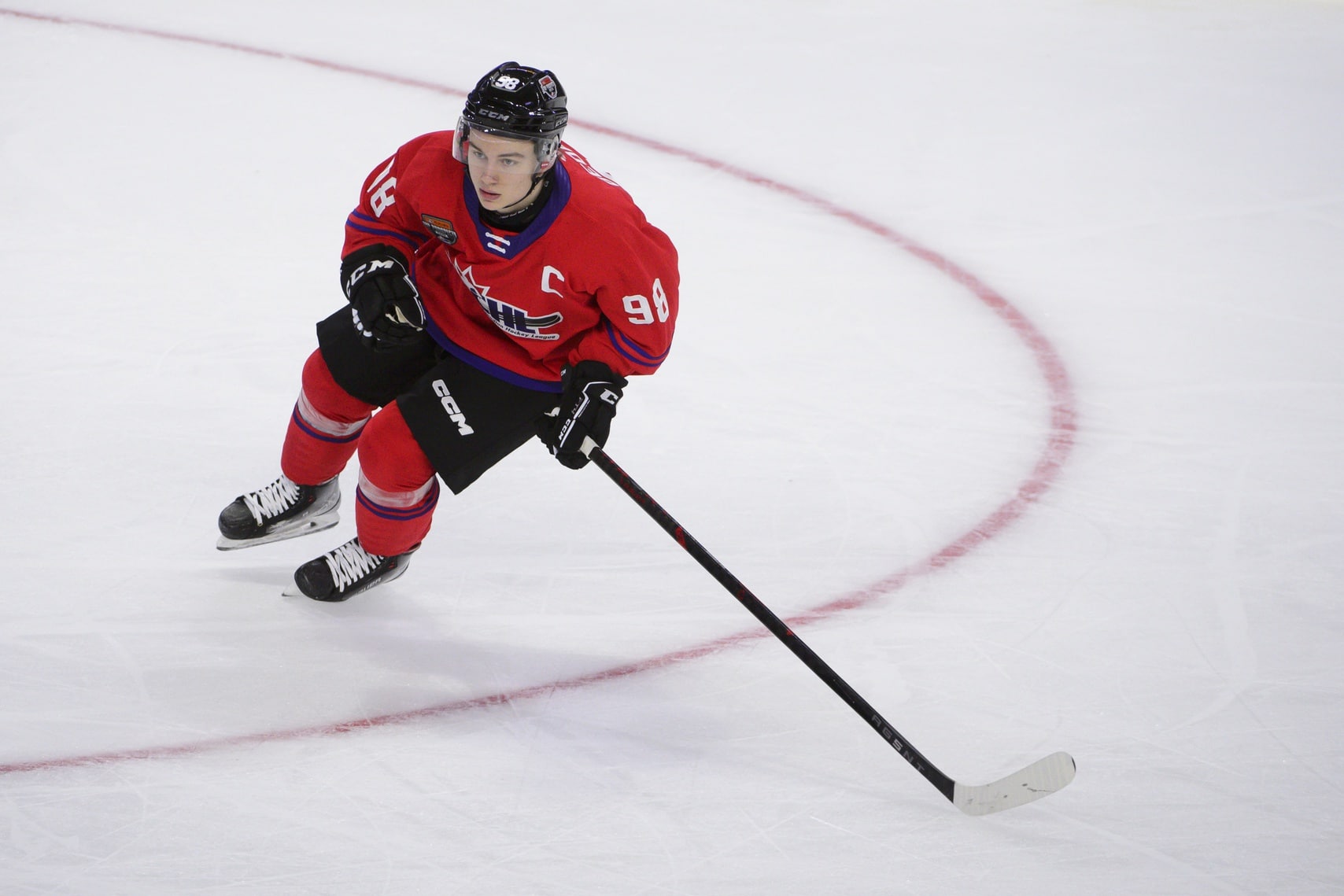 CHL Top Prospects team red forward Connor Bedard (98) skates during the first period in the 2023 CHL Top Prospects ice hockey game at Langley Events Centre.