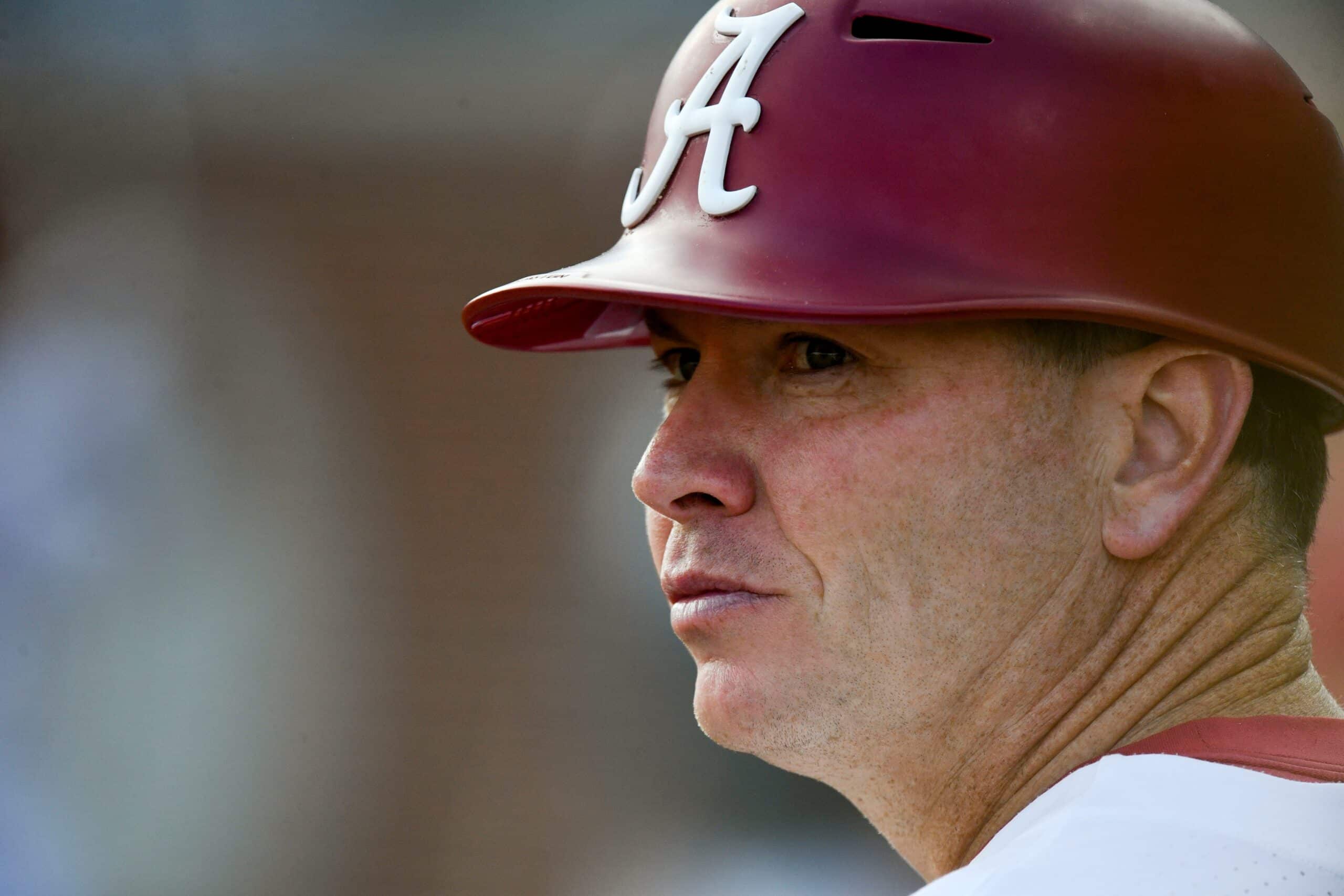 Alabama head coach Brad Bohannon watches his Crimson Tide team in the game with Auburn at Sewell-Thomas Stadium Friday, April 14, 2023 in Tuscaloosa. Baseball Alabama Vs Auburn