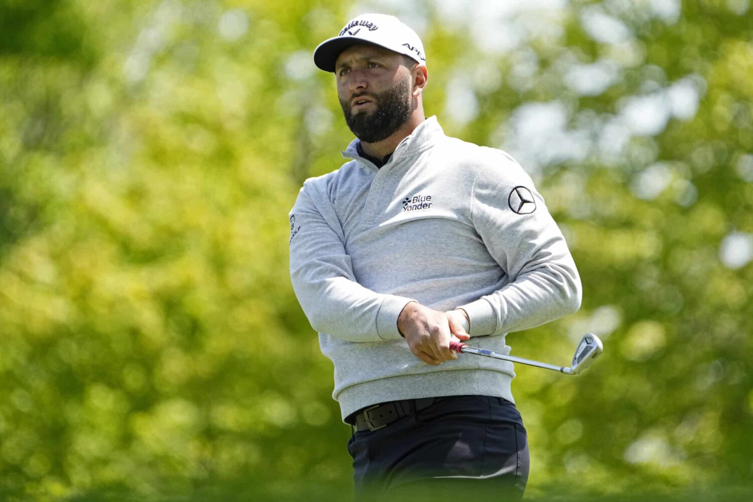 Jon Rahm tees off on the 15th hole during the first round of the PGA Championship in Rochester, New York.