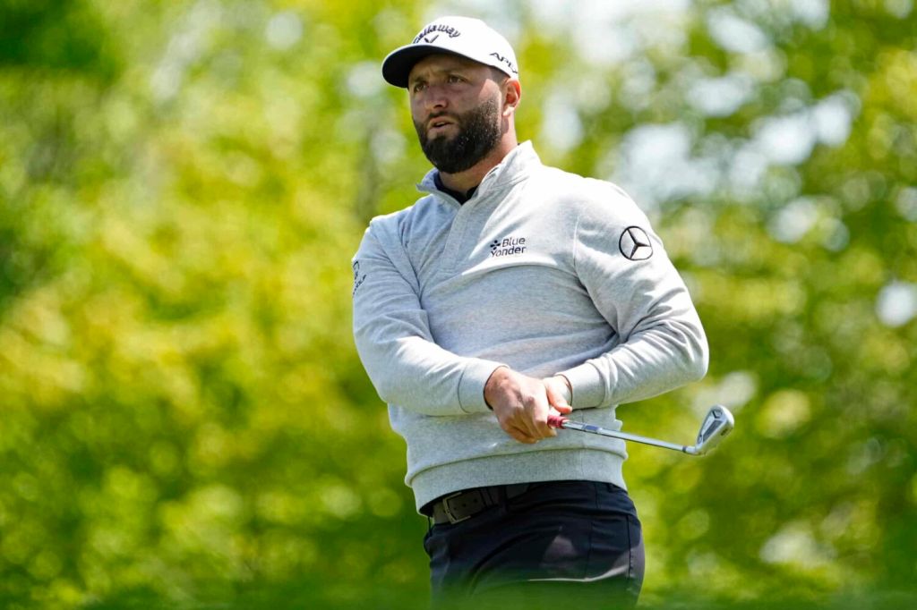 Jon Rahm tees off on the 15th hole during the first round of the PGA Championship in Rochester, New York.