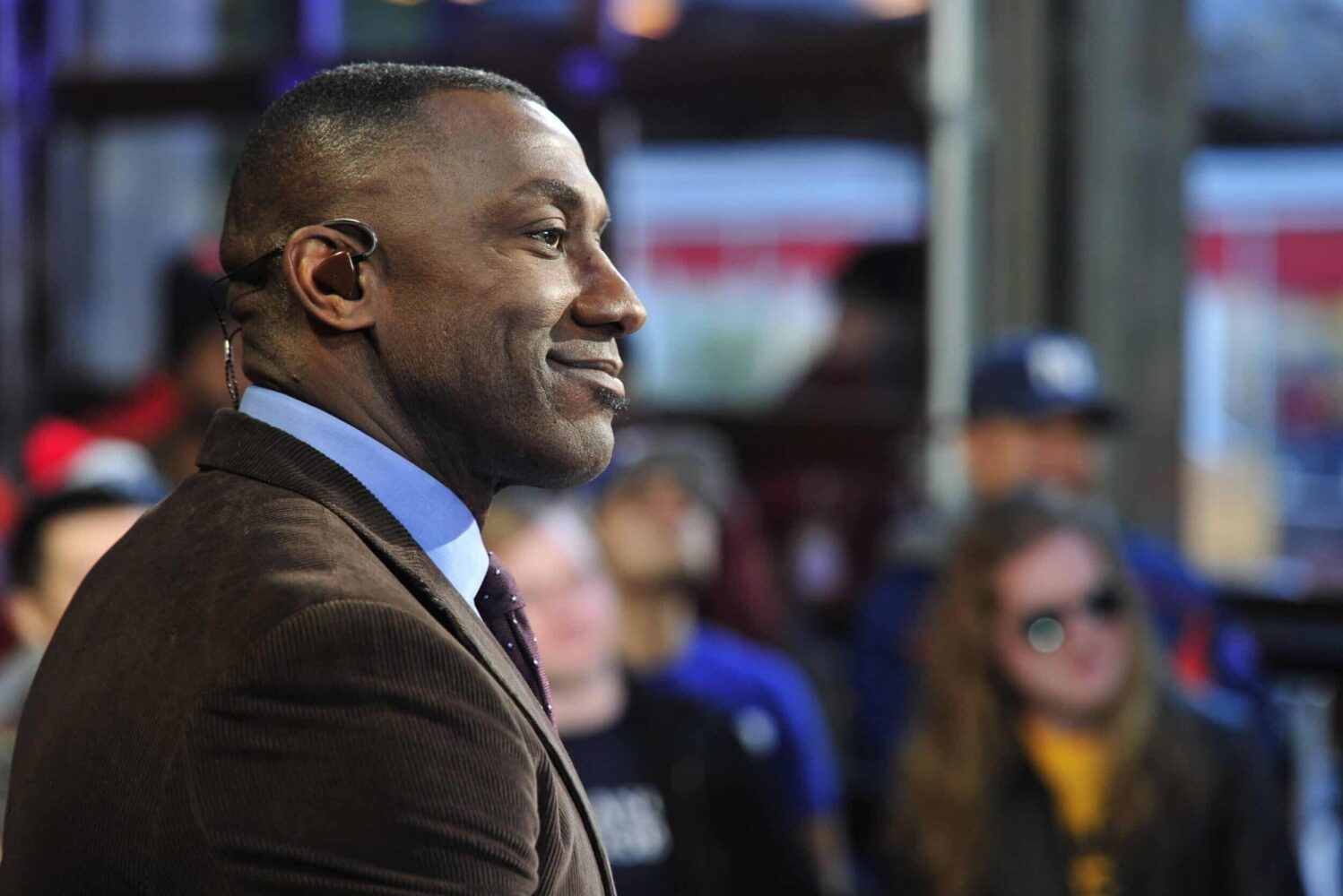 A side view of Shannon Sharpe during an on-site taping of "Skip and Shannon: Undisputed."