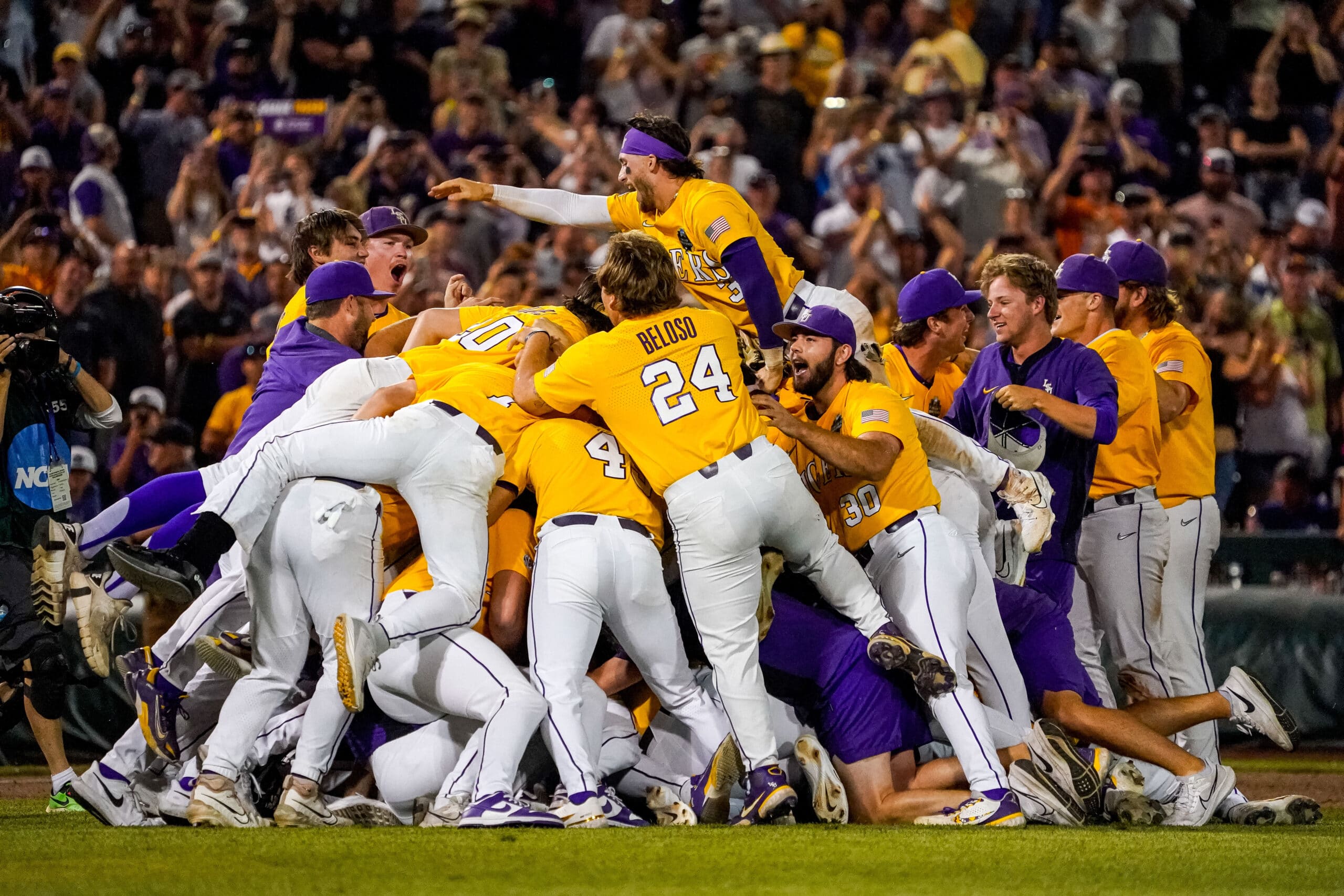 LSU baseball dog pile after winning the College World Series