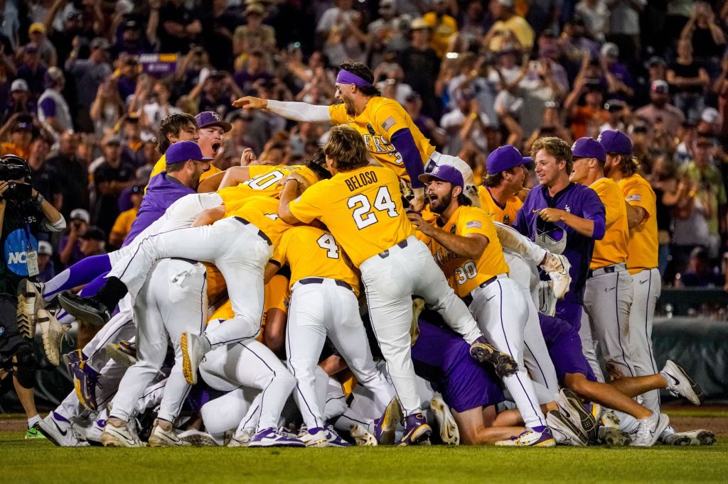 LSU baseball dog pile after winning the College World Series