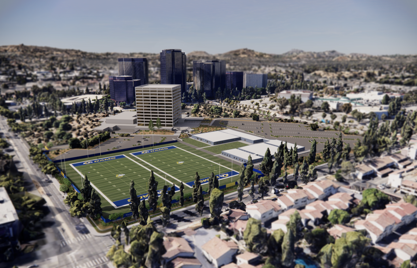 A rendering of the Los Angeles Rams proposed practice facility in Woodland Hills, California.