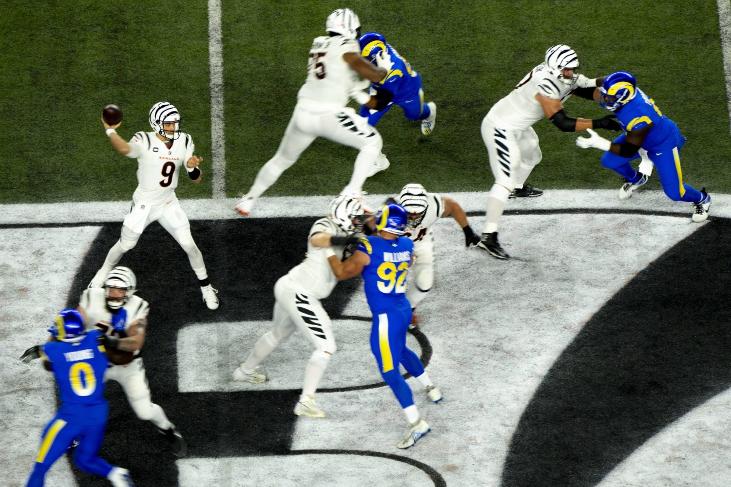 Cincinnati Bengals quarterback Joe Burrow throws a pass in the first quarter of the NFL game between the Cincinnati Bengals and Los Angeles Rams at Paycor Stadium.