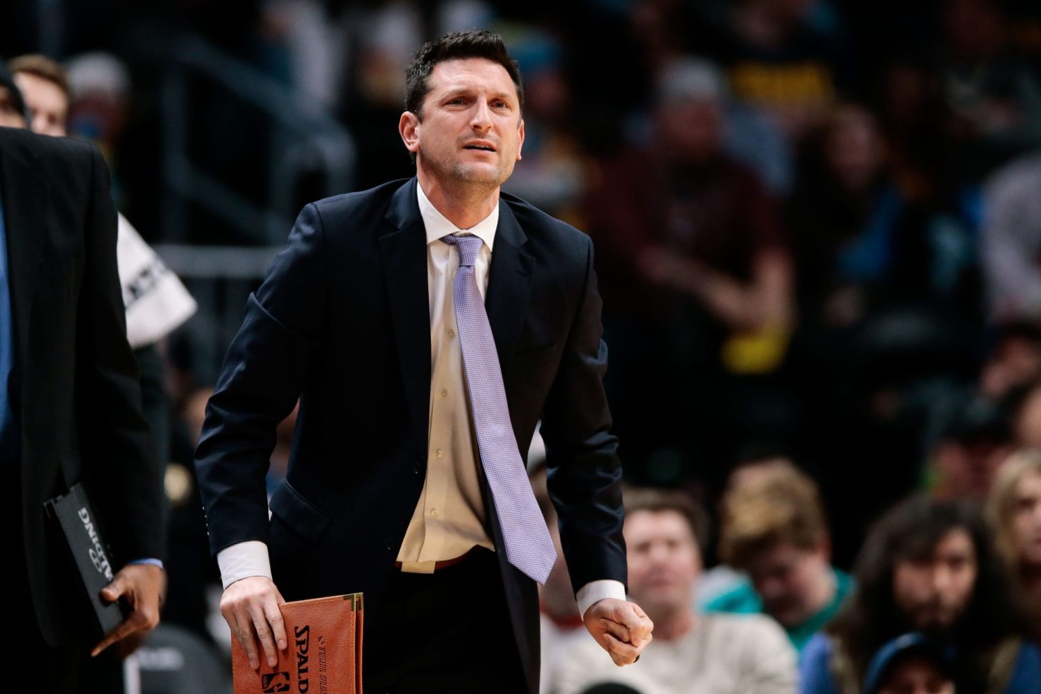 Former Portland Trail Blazers assistant coach Nate Tibbetts in the fourth quarter against the Denver Nuggets at the Pepsi Center.