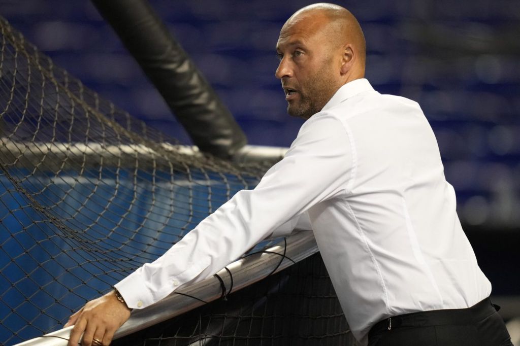 Miami Marlins chief executive officer Derek Jeter watches batting practice prior to the game against the Los Angeles Dodgers at loanDepot park.