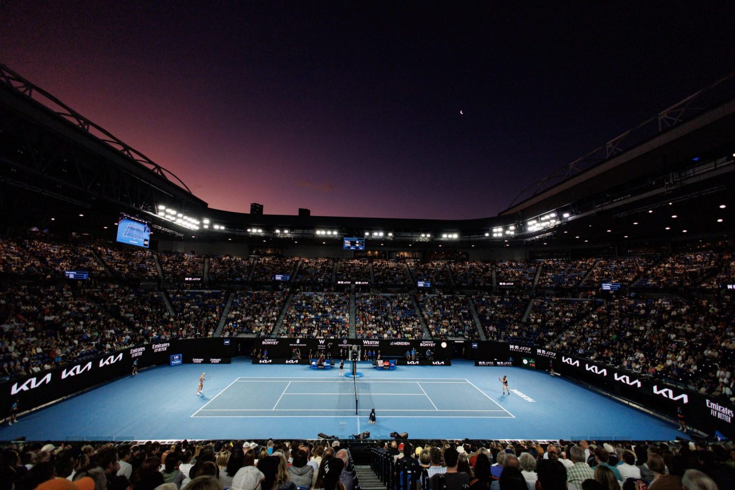 A general view as Elena Rybakina of Kazakhstan hits a shot against Victoria Azarenka of Belarus on day eleven of the 2023 Australian Open tennis tournament at Melbourne Park.