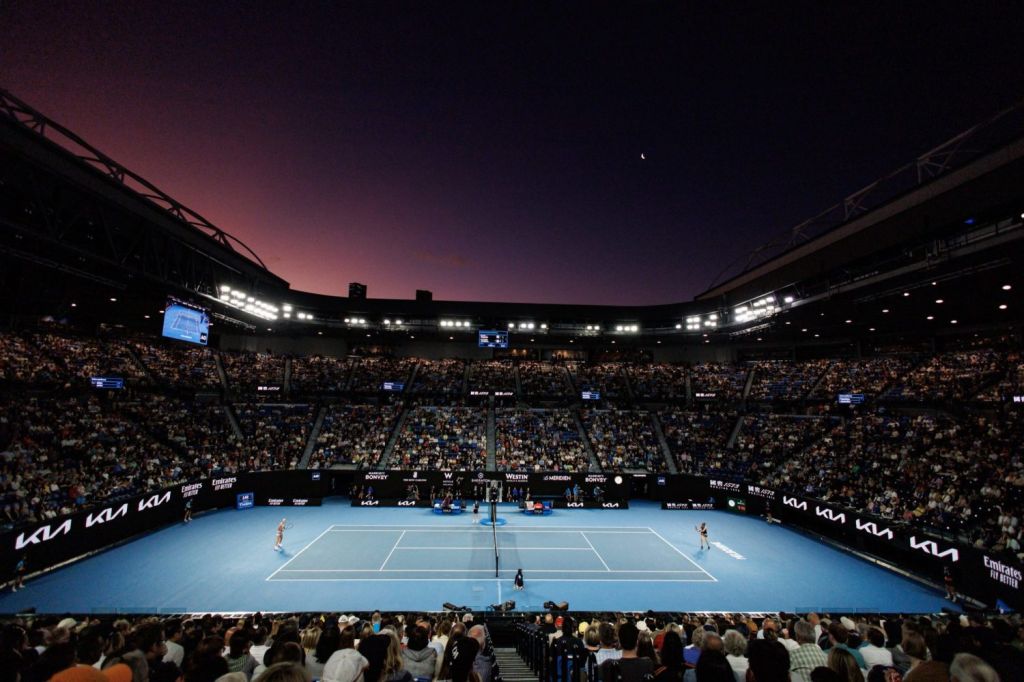 A general view as Elena Rybakina of Kazakhstan hits a shot against Victoria Azarenka of Belarus on day eleven of the 2023 Australian Open tennis tournament at Melbourne Park.