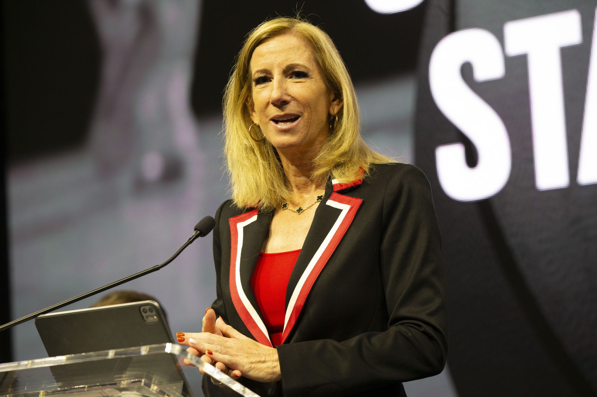 Oct 5, 2023; San Francisco, CA, USA; WNBA commissioner Cathy Engelbert makes opening remarks during a press conference to announce an expansion WNBA franchise in the San Francisco Bay Area at Chase Center.