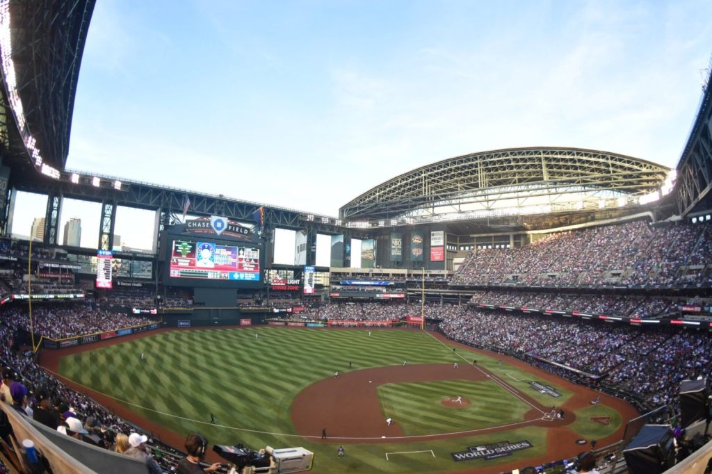 General view of the stadium in the first inning of the game between the Arizona Diamondbacks and the Texas Rangers in game five of the 2023 World Series at Chase Field.