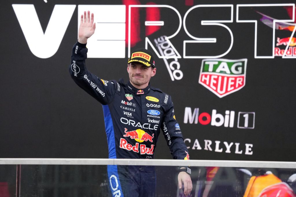 Formula One F1 - Canadian Grand Prix - Circuit Gilles Villeneuve, Montreal, Quebec, Canada - May 24, 2026 Red Bull's Max Verstappen celebrates on the podium after finishing third place in the Canadian Grand Prix