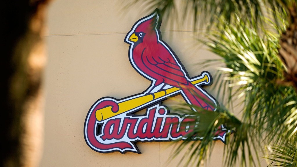 Feb 26, 2021; Jupiter, Florida, USA; A general view of the St. Louis Cardinals logo on the stadium at Roger Dean Stadium during spring training workouts.