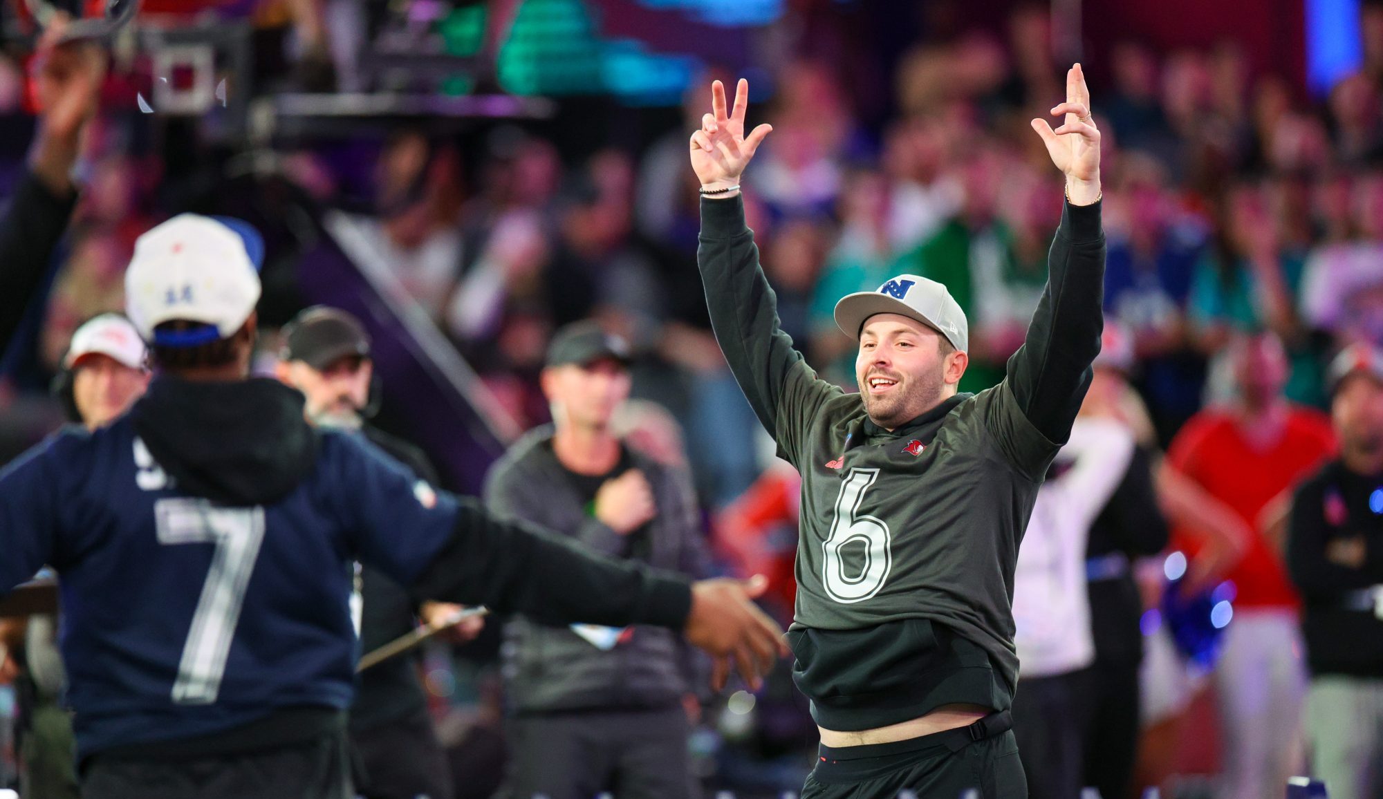 Feb 1, 2024; Orlando, FL, USA; Tampa Bay Buccaneers quarterback Baker Mayfield (6) participates in the NFL Pro Bowl Skills Competition at the UCF NIcholson Fieldhouse.