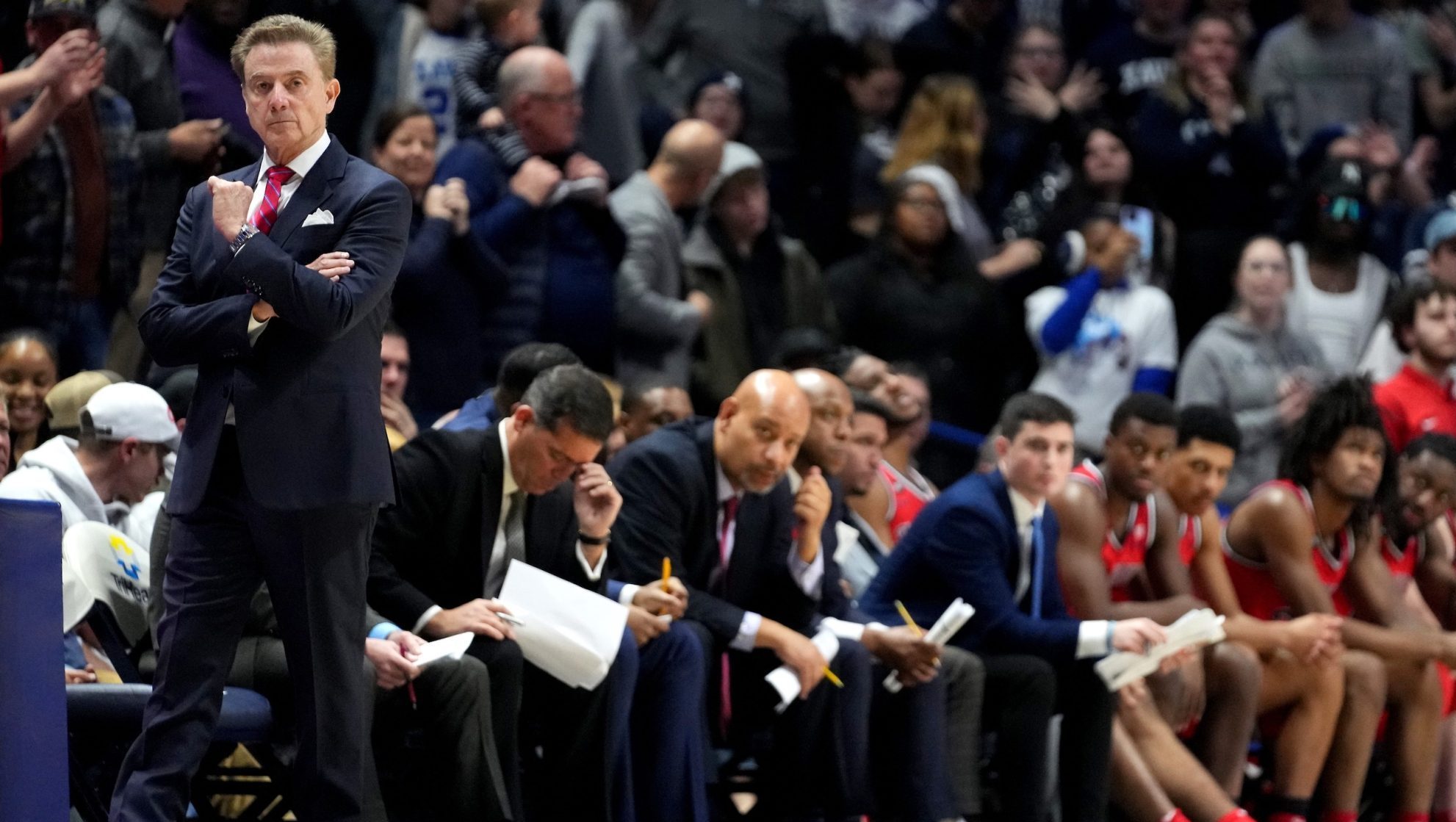 St. John's Red Storm head coach Rick Pitino paces the sidline in the second half of a college basketball game between the St. John's Red Storm and the Xavier Musketeers, Wednesday, Jan. 31, 2024, at Cintas Center in Cincinnati. The Xavier Musketeers won, 88-77.