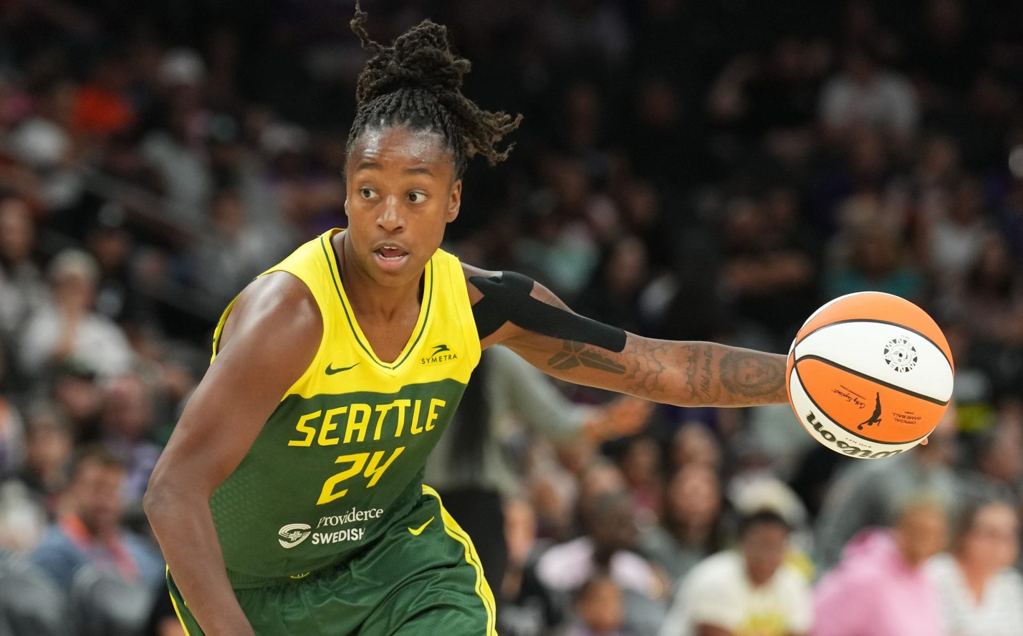 Aug 5, 2023; Phoenix, Arizona, USA; Seattle Storm guard Jewell Loyd (24) dribbles against the Phoenix Mercury during the second half at Footprint Center. Mandatory Credit: Joe Camporeale-USA TODAY Sports