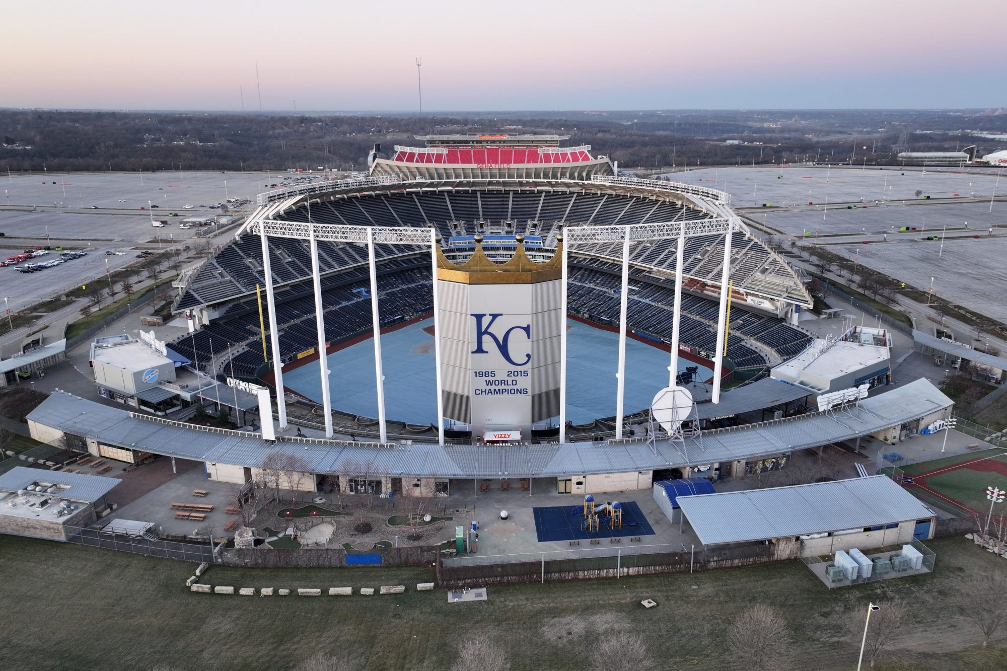 Feb 14, 2024; Kansas City, MO, USA; A general view of the Kansas City Royals 1985 and 2015 World Series championships on the scoreboard at Kauffman Stadium at the Truman Sports Complex.