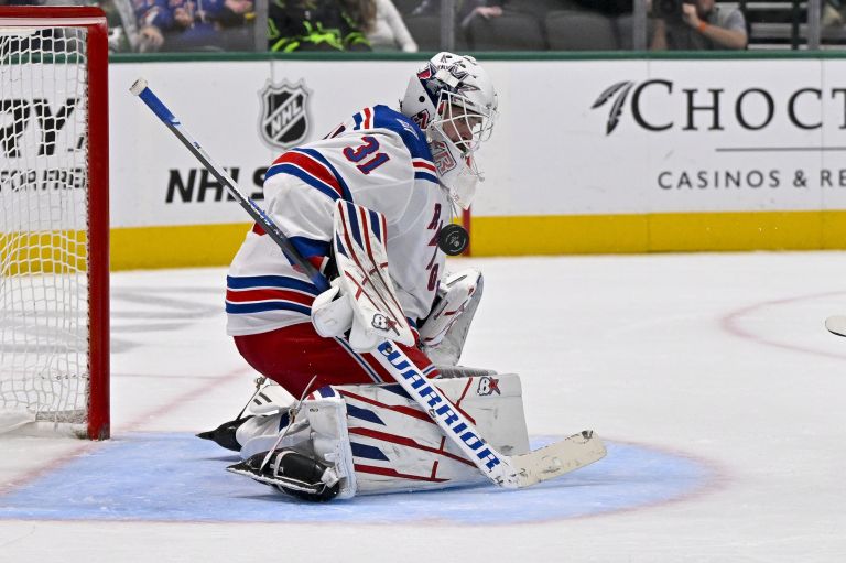Apr 11, 2026; Dallas, Texas, USA; New York Rangers goaltender Igor Shesterkin (31) stops a breakaway shot by Dallas Stars center Matt Duchene (95) during the second period at the American Airlines Center.