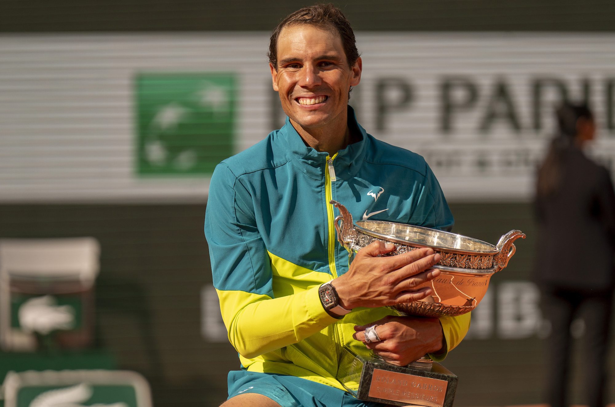 June 5, 2022; Paris, France; Rafael Nadal (ESP) poses with the trophy after winning the men’s singles final against Casper Ruud (NOR) on day 15 of the French Open at Stade Roland-Garros.